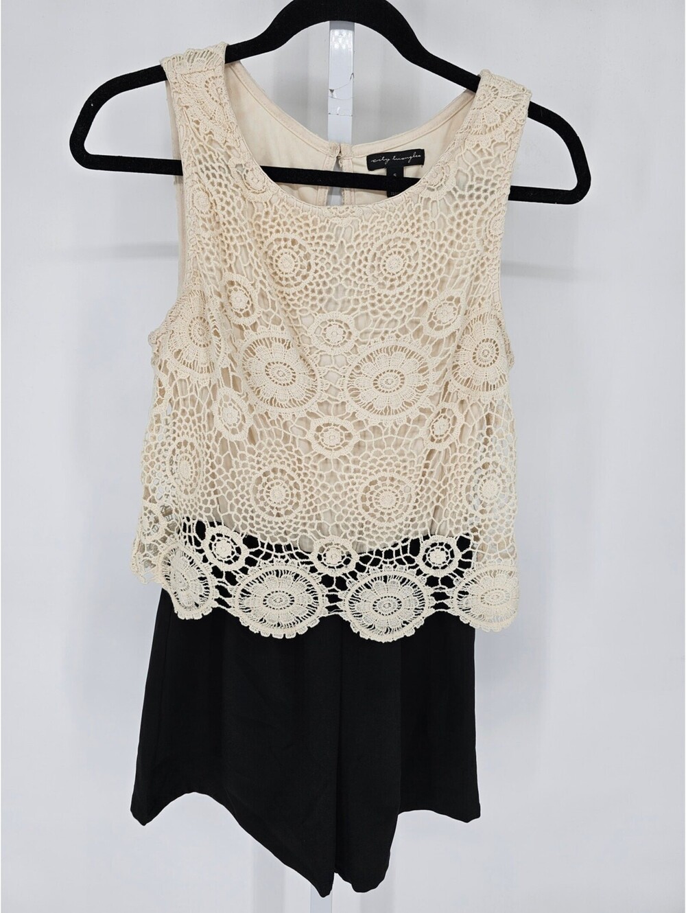 City Triangles Womens Sz S Romper Black w/ Cream Crochet Lace